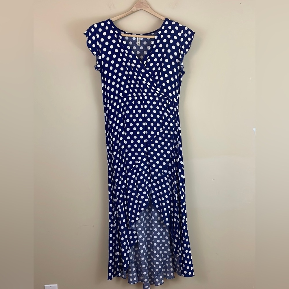 Blue & White Polka Dot high low dress L